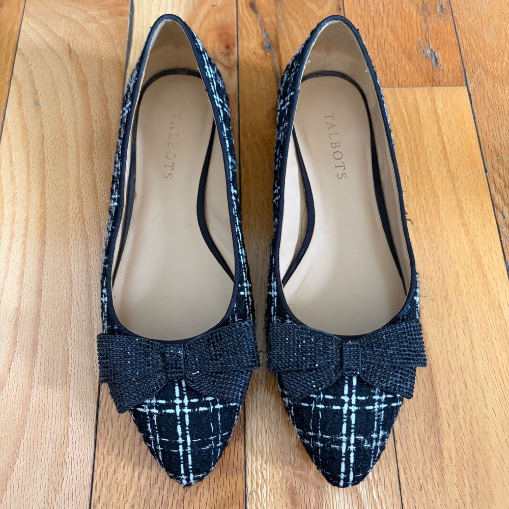 Talbots Women's Black White Tweed Pointed Toe Ballet Flat‎ Bow Size 7.5